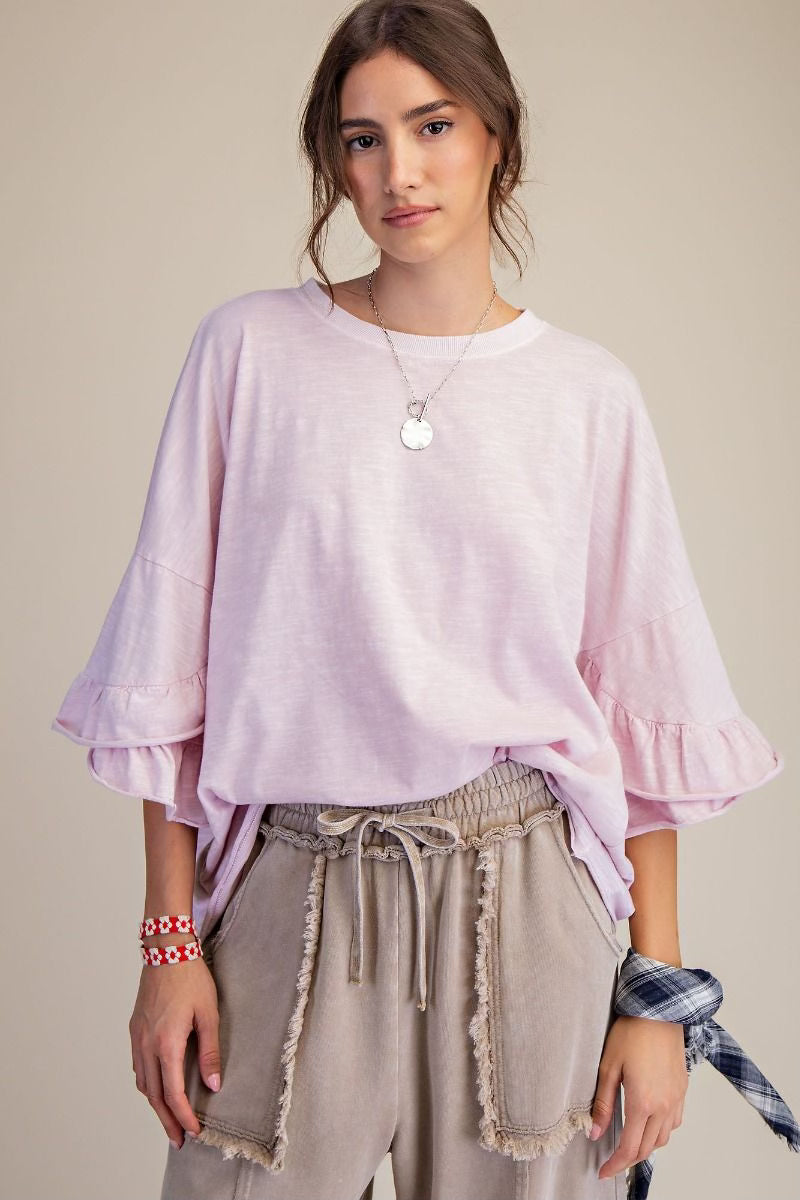 Wing ruffle sleeve washed cotton top