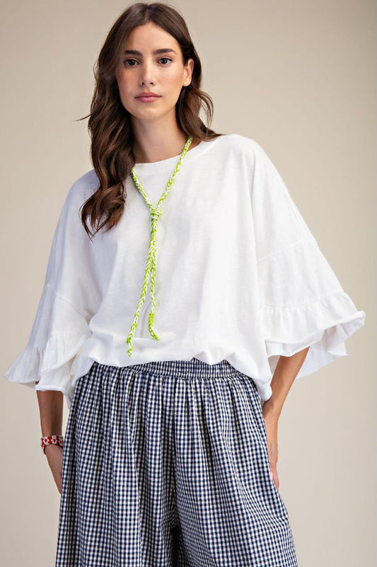 Wing ruffle sleeve washed cotton top