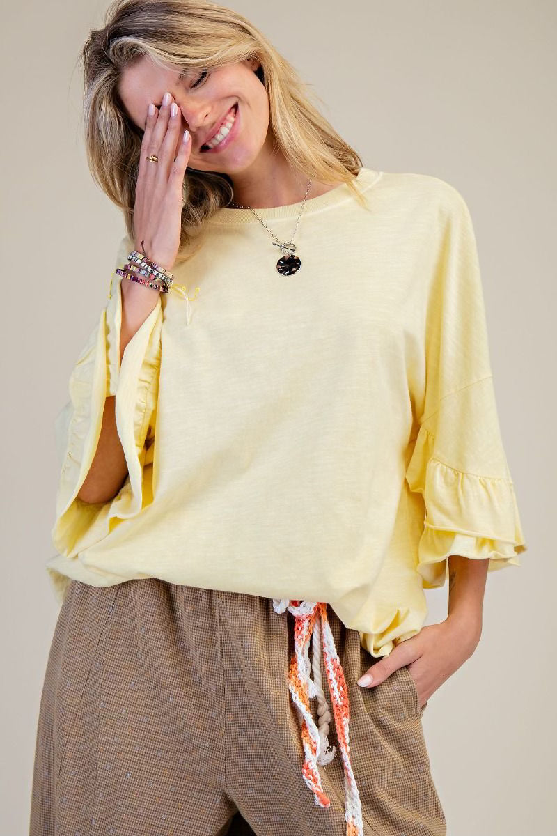 Wing ruffle sleeve washed cotton top