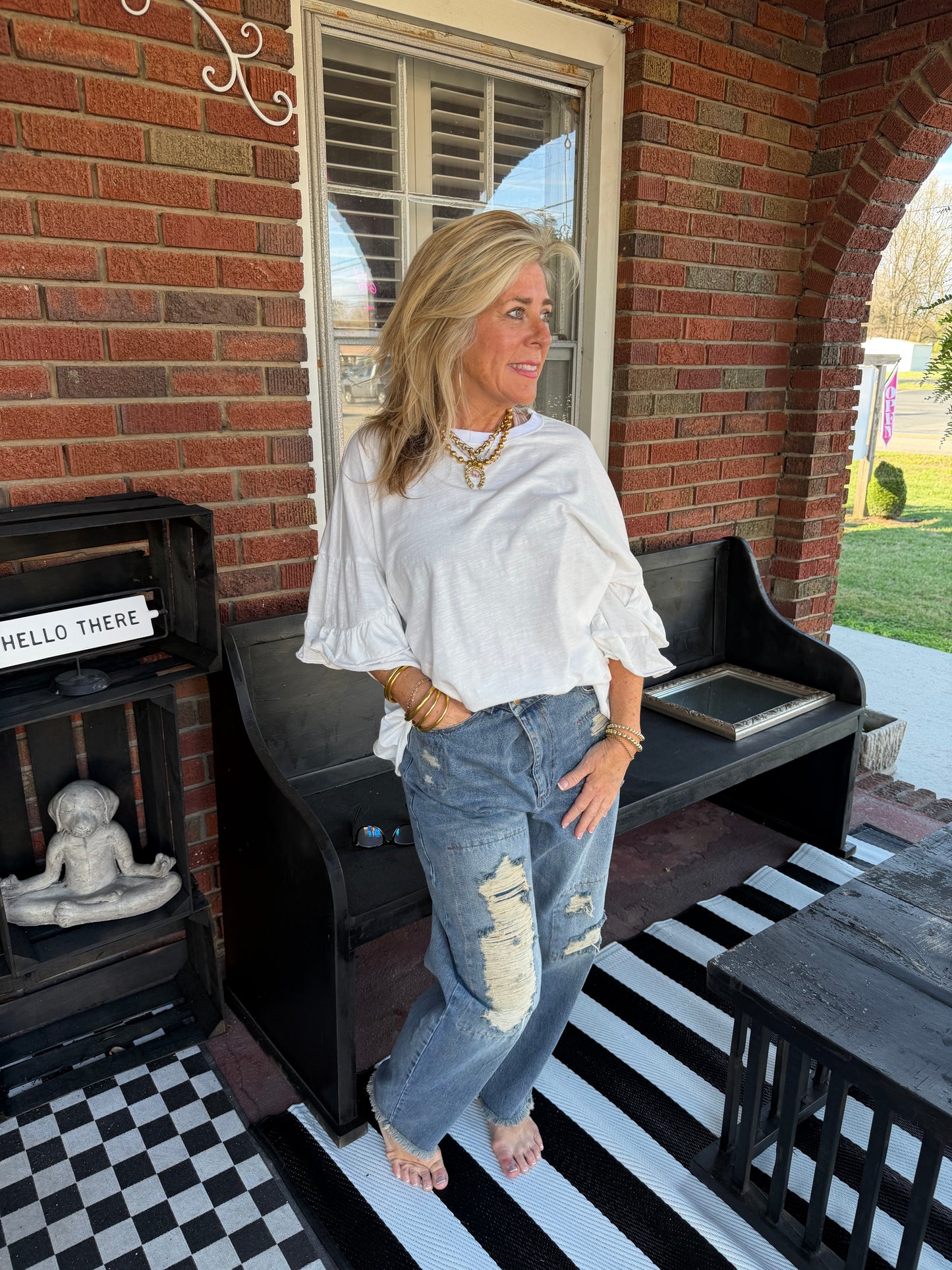 Wing ruffle sleeve washed cotton top