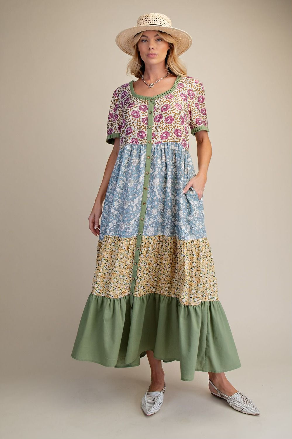 Mixed print tiered maxi dress