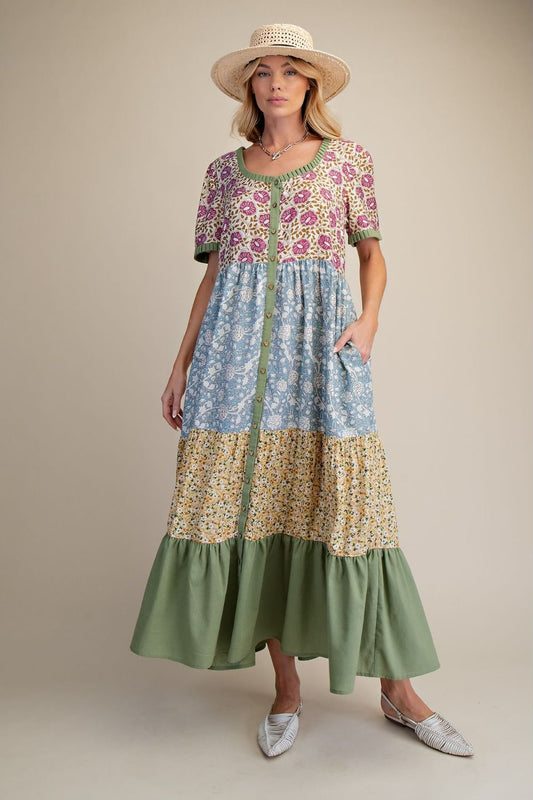 Mixed print tiered maxi dress