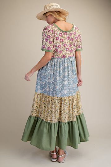 Mixed print tiered maxi dress