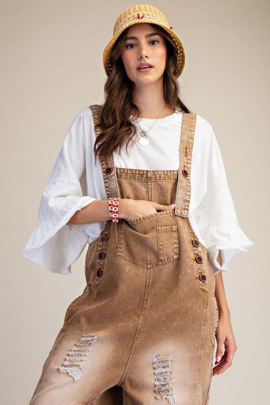 Washed denim loose fit overalls ￼
