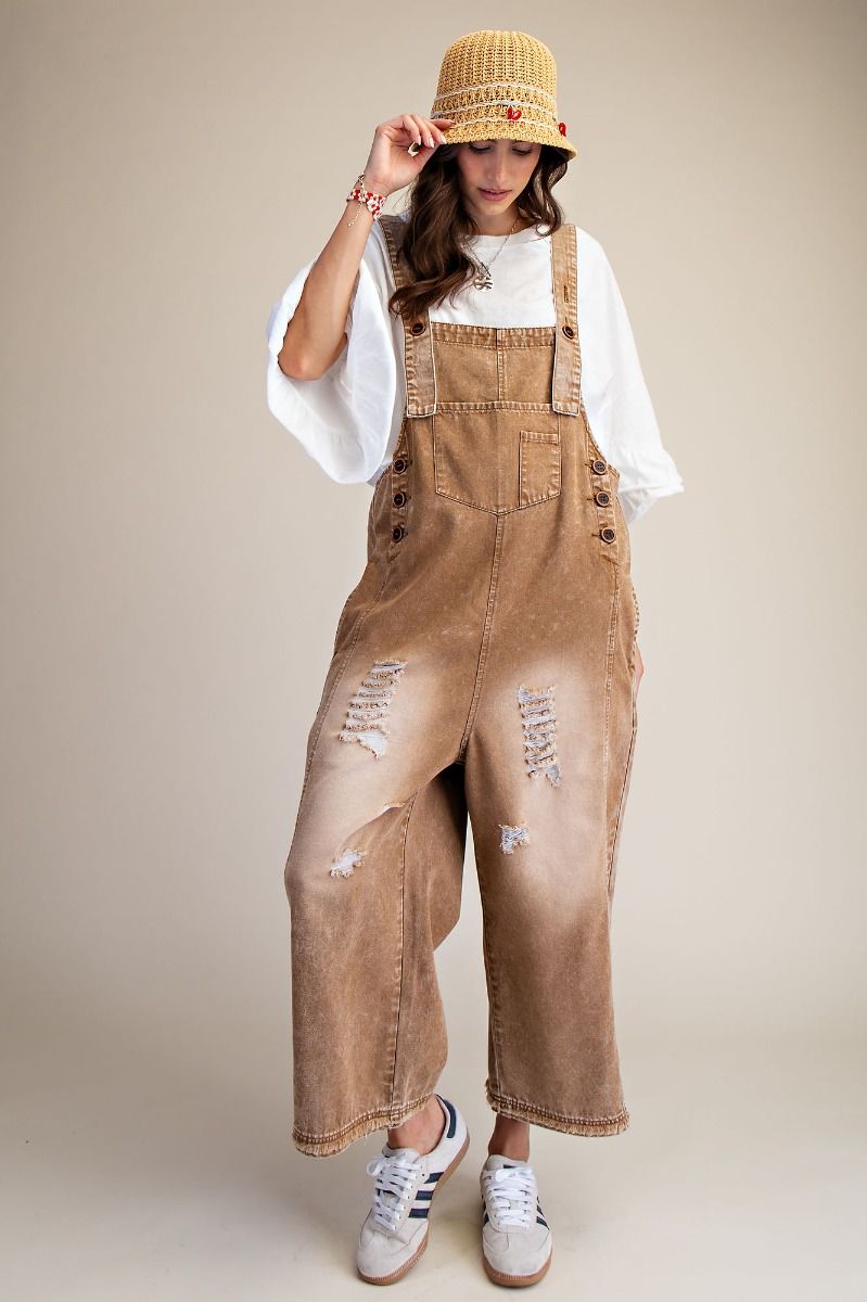 Washed denim loose fit overalls ￼