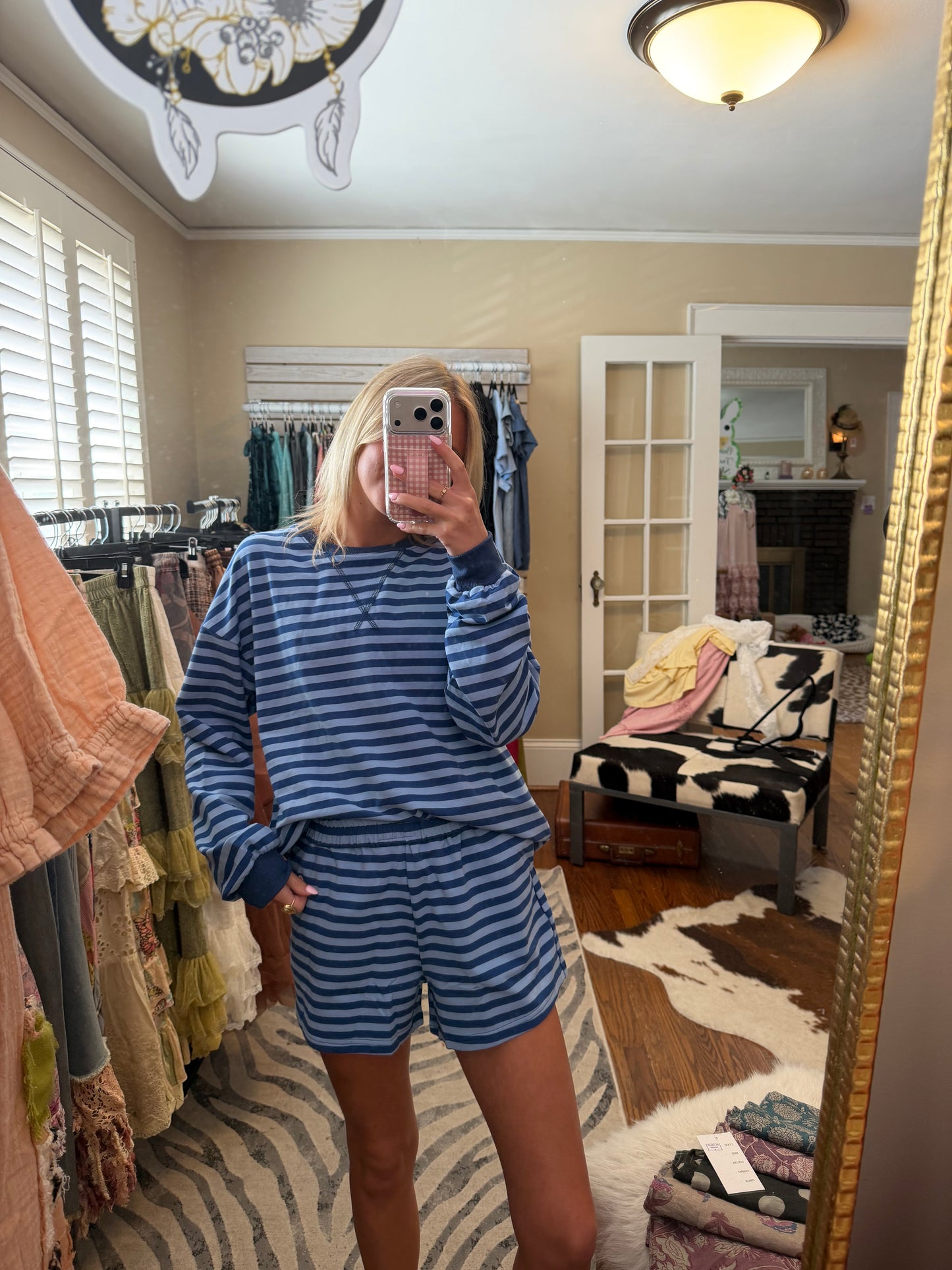 LDC Drop Shoulder Pullover Elastic Waist Striped Short Set