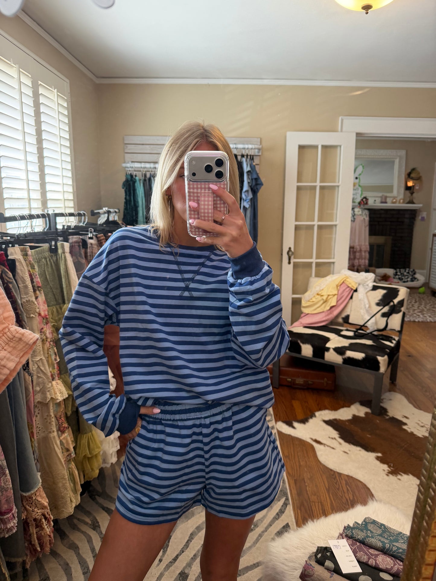 LDC Drop Shoulder Pullover Elastic Waist Striped Short Set