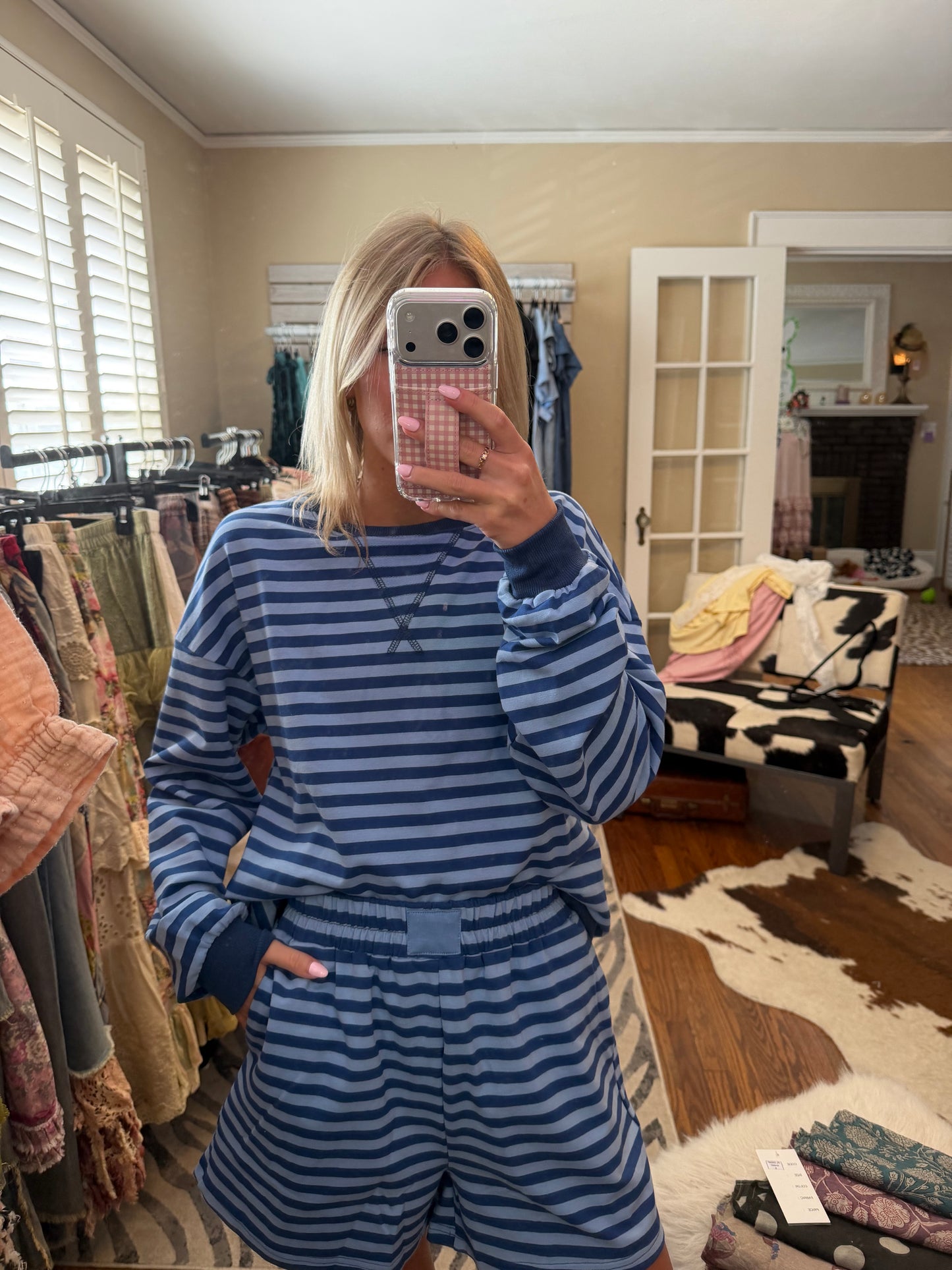 LDC Drop Shoulder Pullover Elastic Waist Striped Short Set
