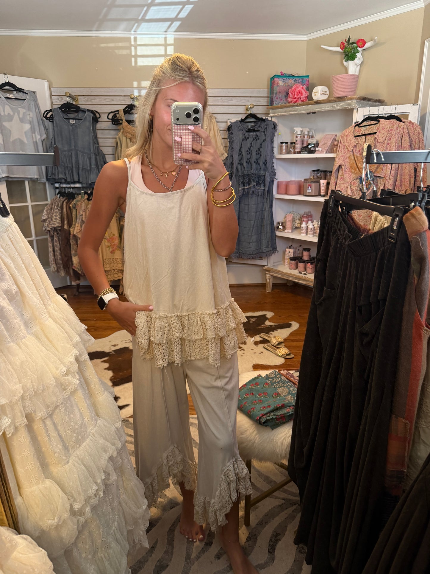 Mineral Washed Tiered Lace Cami Tank top Layering top HT7096
