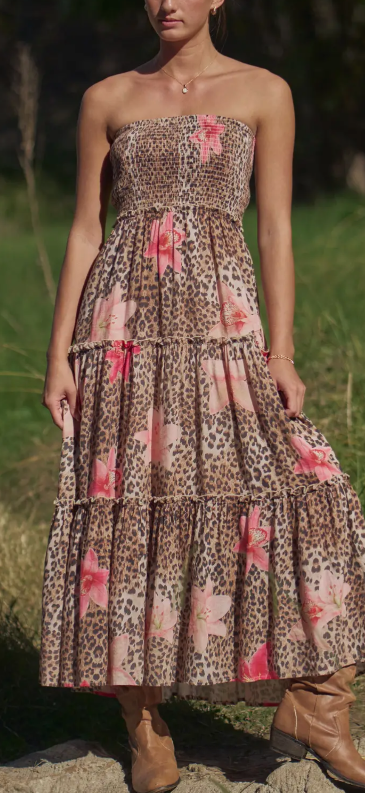 Davi & Dani leopard floral strapless dress