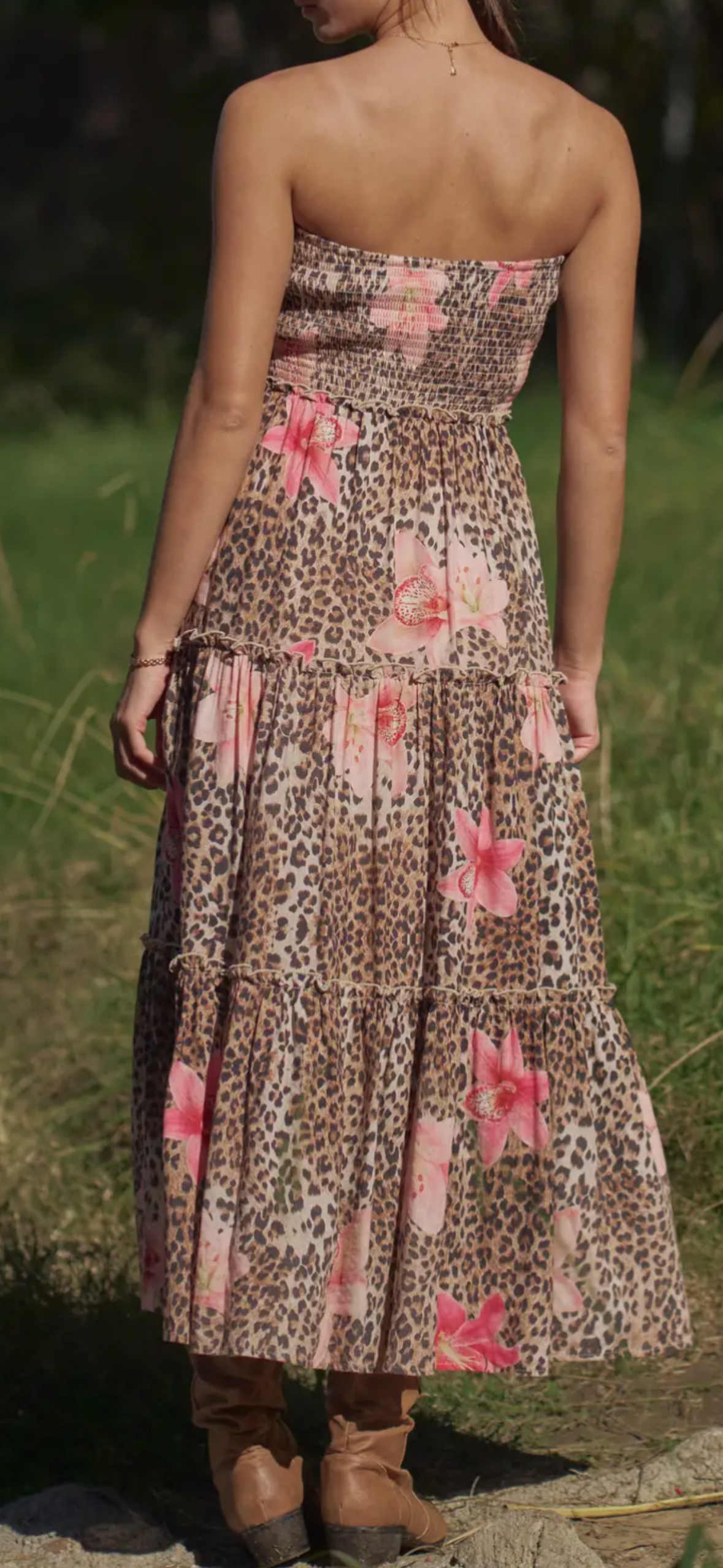 Davi & Dani leopard floral strapless dress