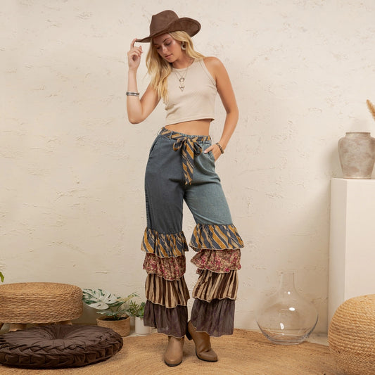 Mixed Print Denim Patchwork Ruffle Flare Pants