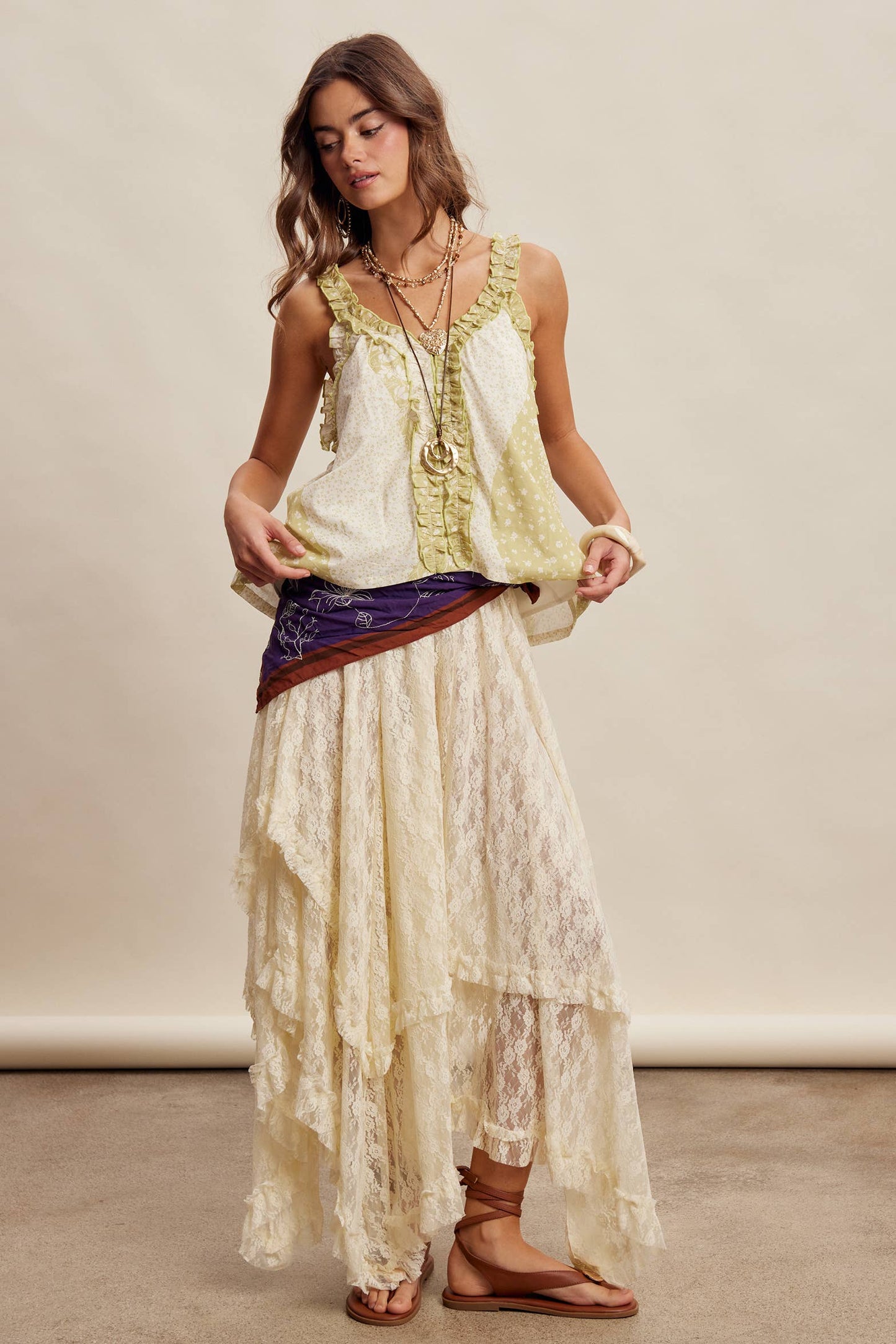 Ruffle Trim Patchwork Tank Top LT1466