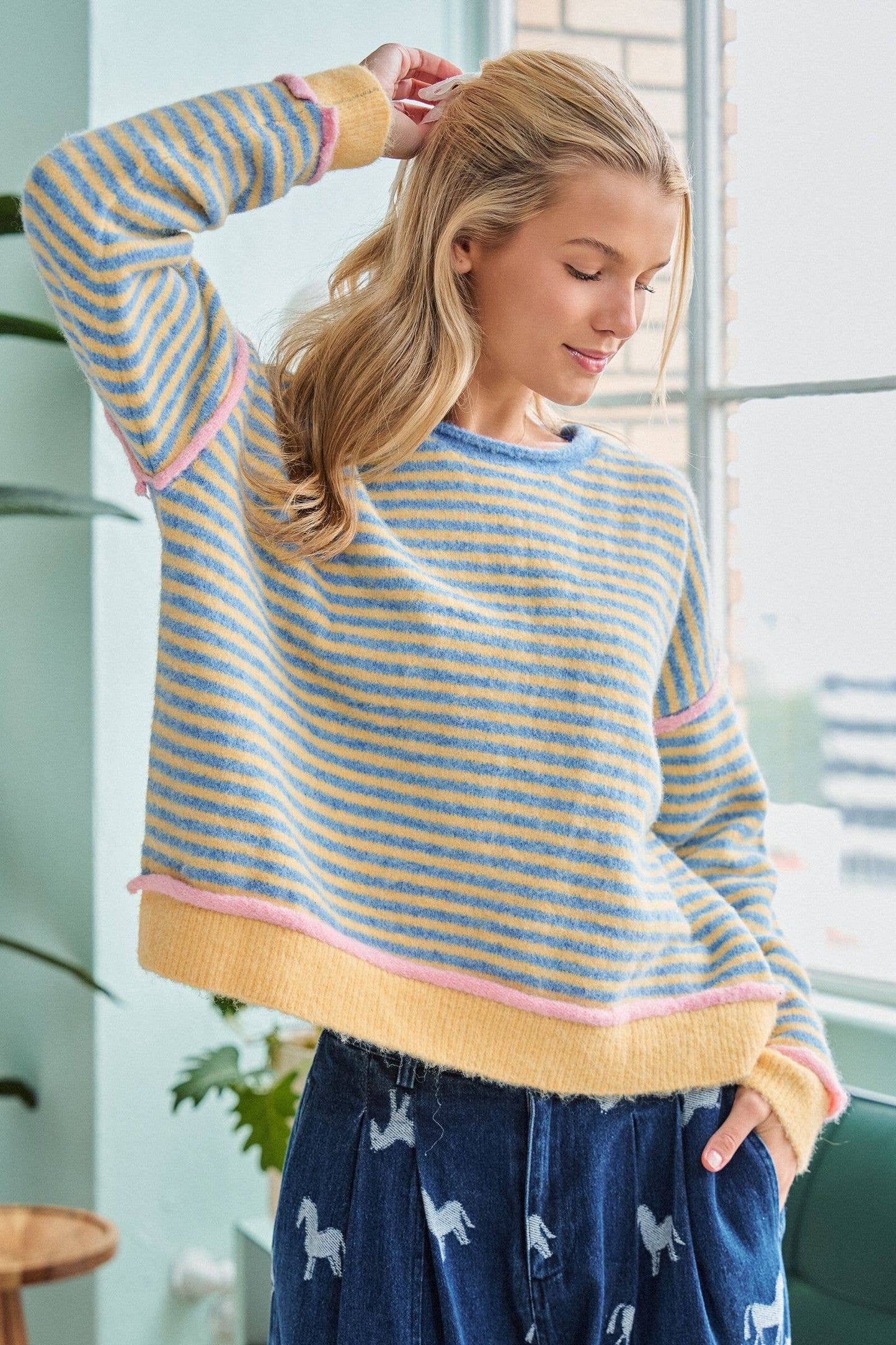 CONTRAST TRIM STRIPED SWEATER