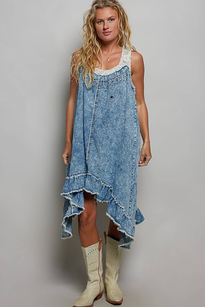 Crochet Patch Sleeveless Solid Crafted Denim Casual Dress