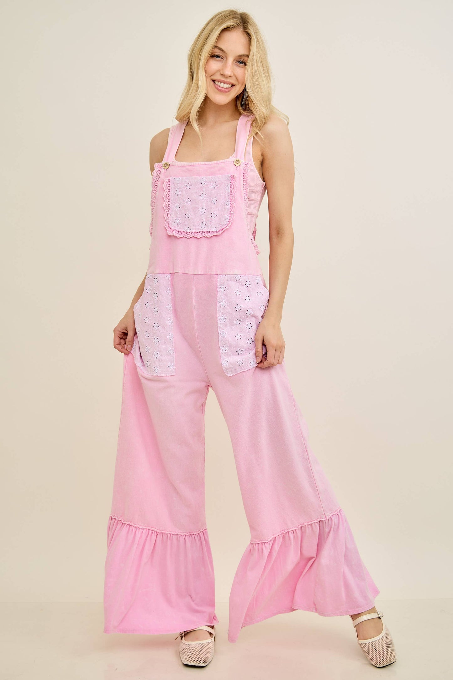 Mineral Washed Tea Party Ruffle Jumpsuits HJ7065
