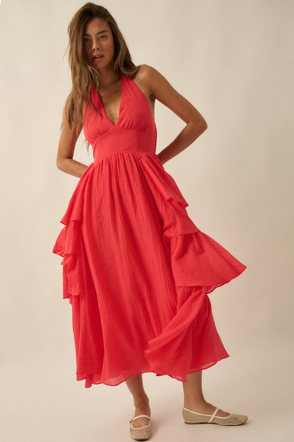 Solid Woven Tiered Ruffle Open-Back Halter Maxi Dress