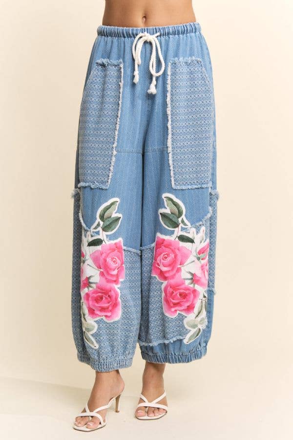 PRINTED FLOWER PATCHWORK PANTS