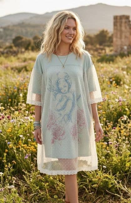 ANGEL PRINTED TERRY DOTTED MESH LAYERED DRESS