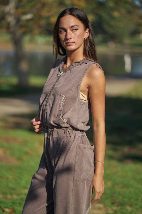 WASHED LACE TRIM HOODIE JOGGER JUMPSUIT