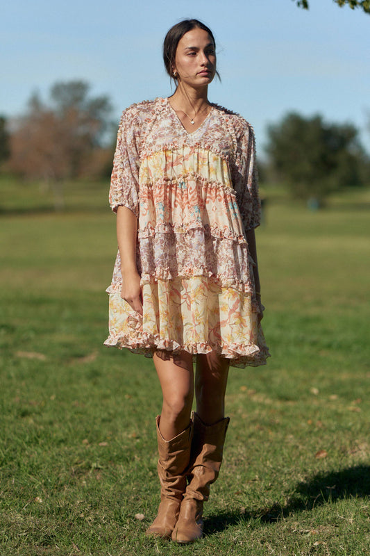 PRINTED CHIFFON MIXED RUFFLE DETAIL TIERED DRESS