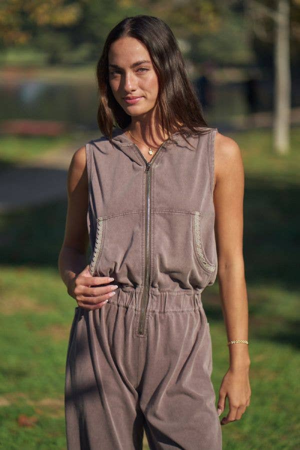 WASHED LACE TRIM HOODIE JOGGER JUMPSUIT