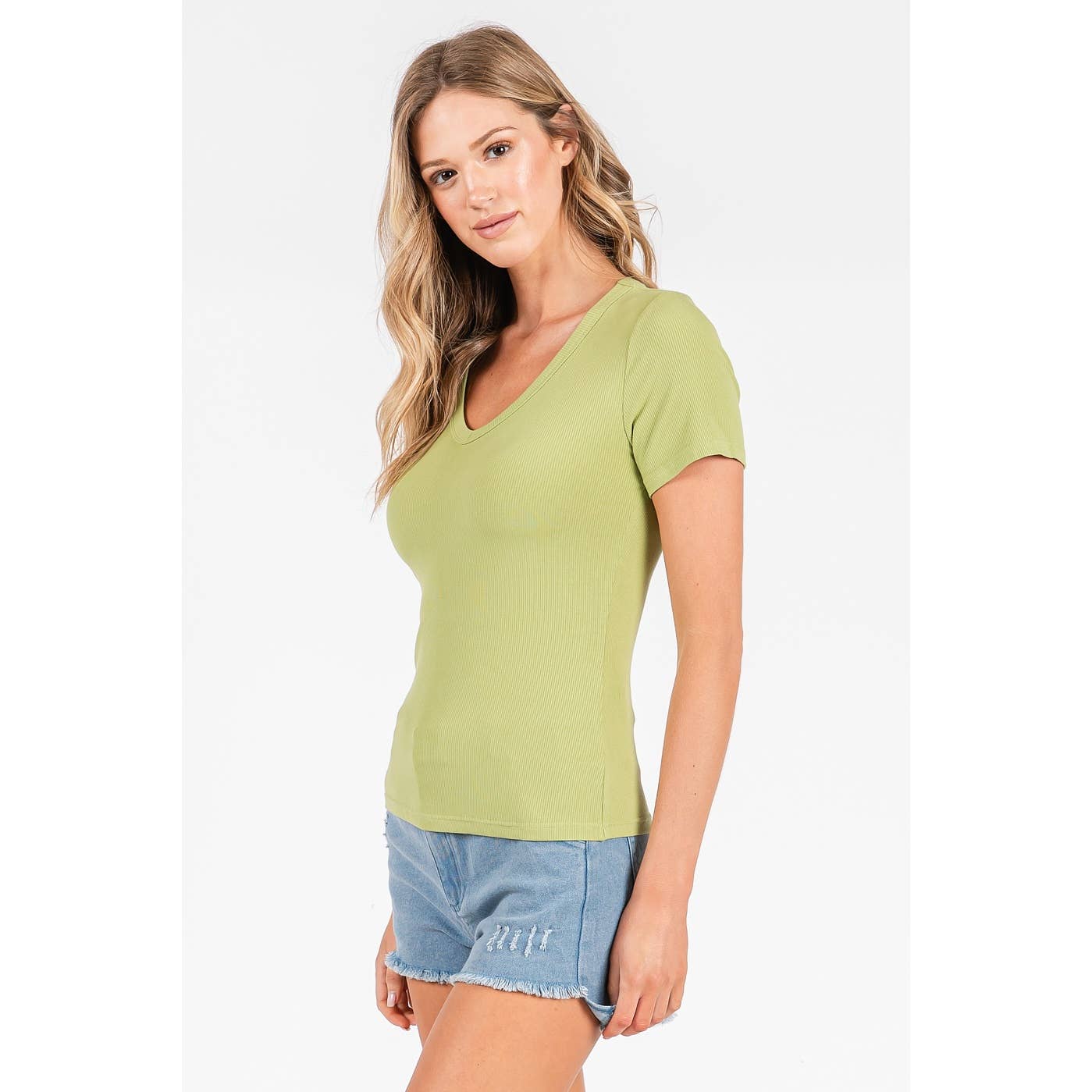 RIBBED V-NECK SHORT SLEEVE BASIC CLASSIC TEE