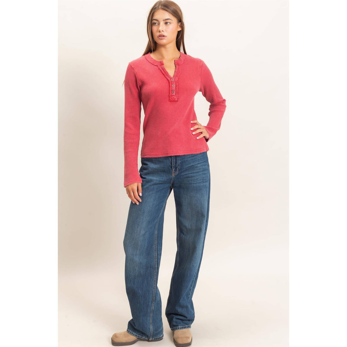 Mineral Wash Waffle Henley Long Sleeve Top