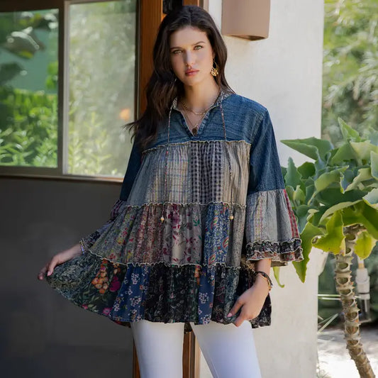 Denim Patch Pullover Top