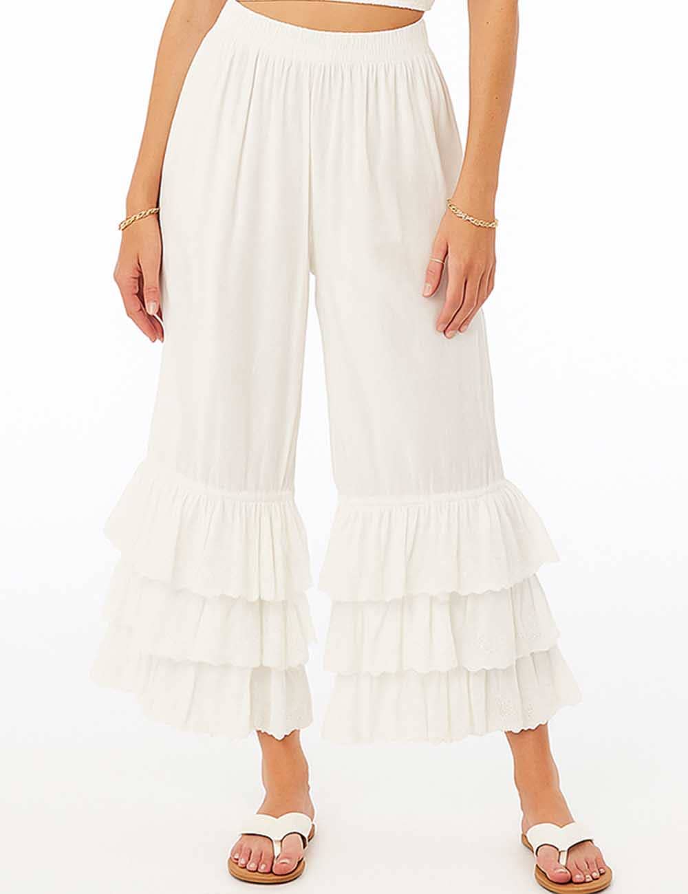 Ladies Solid Color Elastic Waist Pull -On Tiered Ruffle Pants