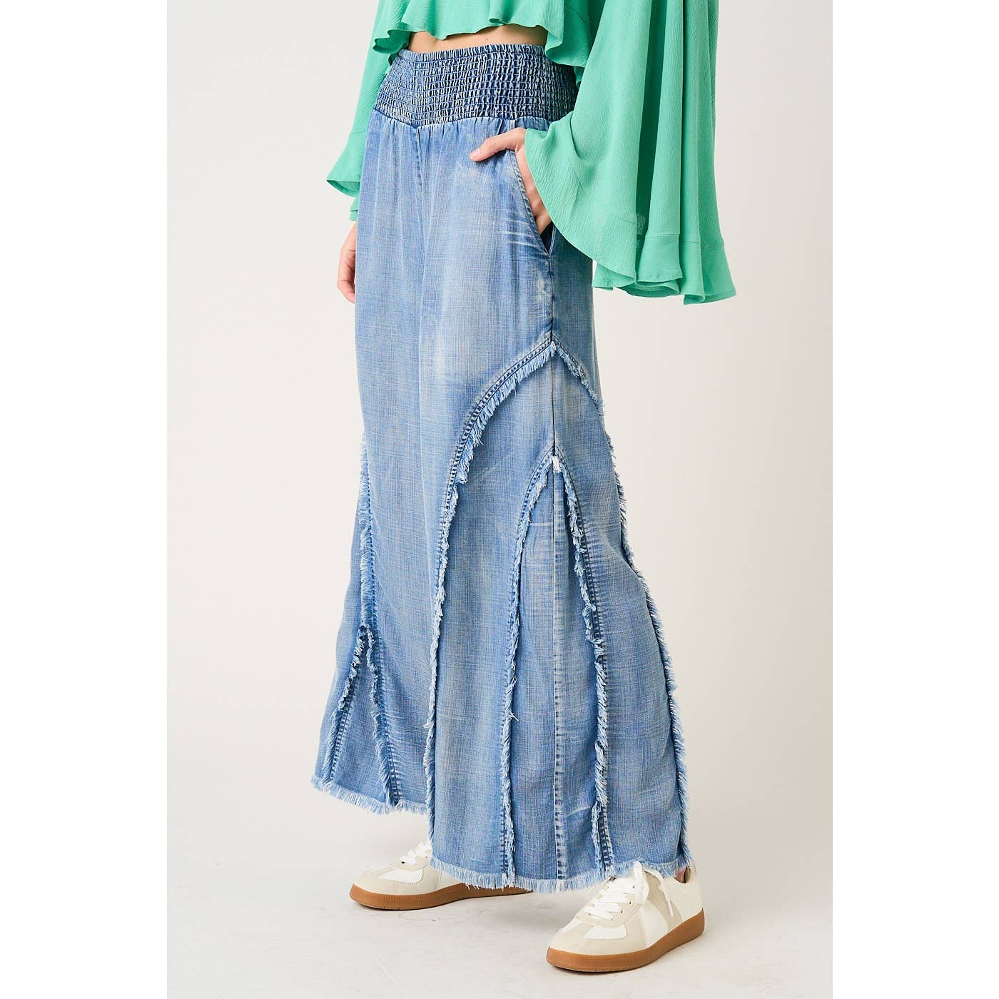 WASHED CHAMBRAY SMOCKED FRINGE WIDE LEG PANTS