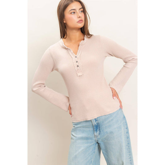 Mineral Wash Waffle Henley Long Sleeve Top