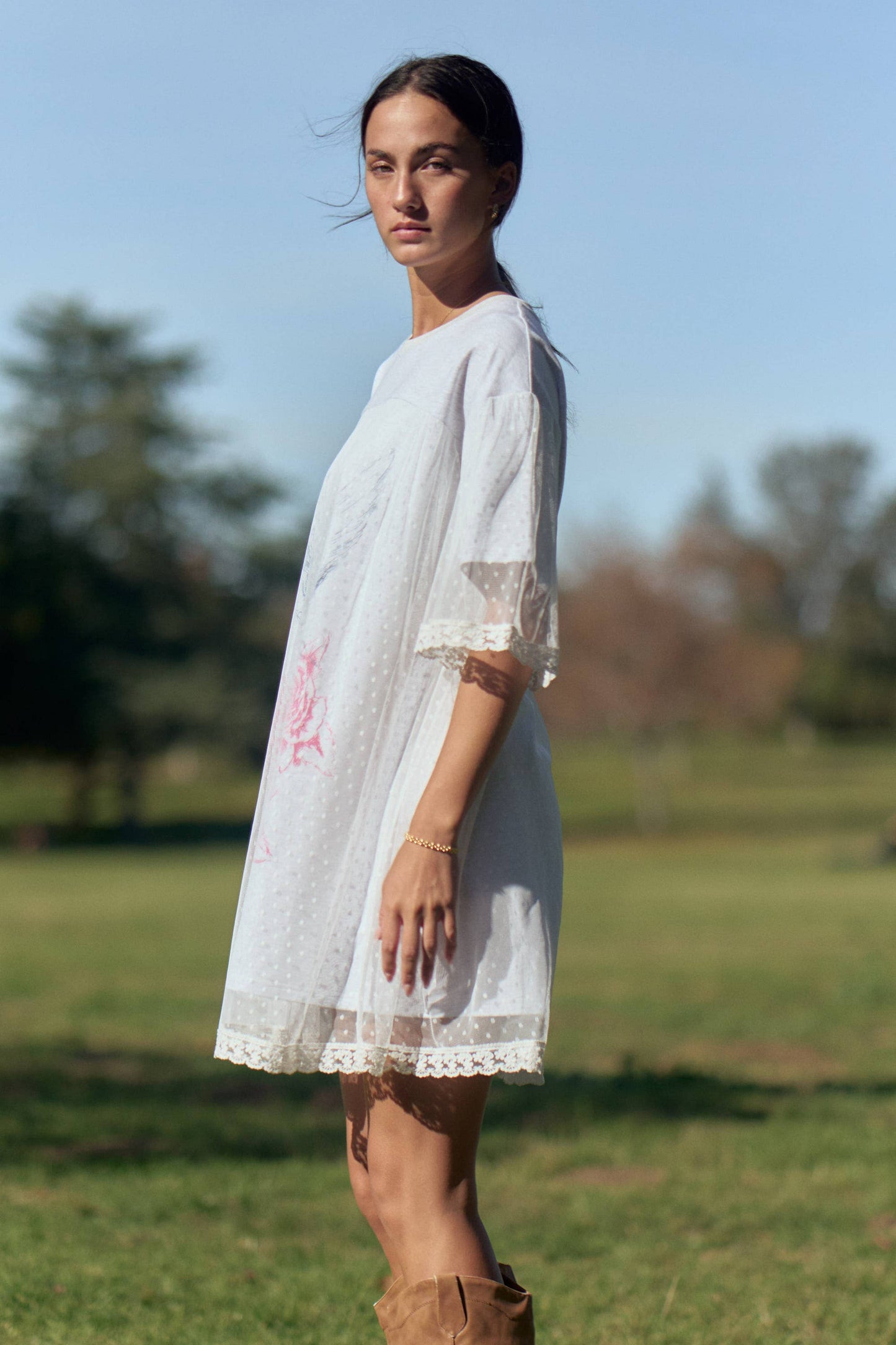 ANGEL PRINTED TERRY DOTTED MESH LAYERED DRESS