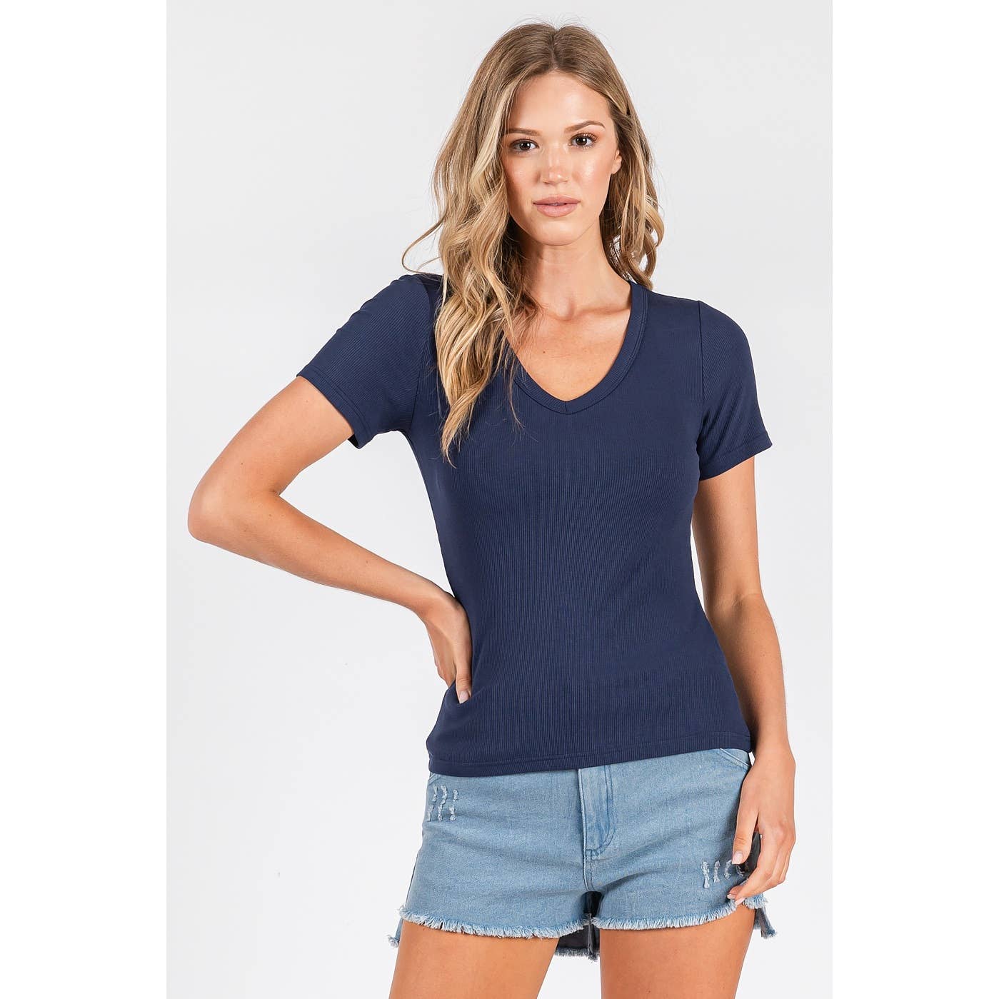 RIBBED V-NECK SHORT SLEEVE BASIC CLASSIC TEE