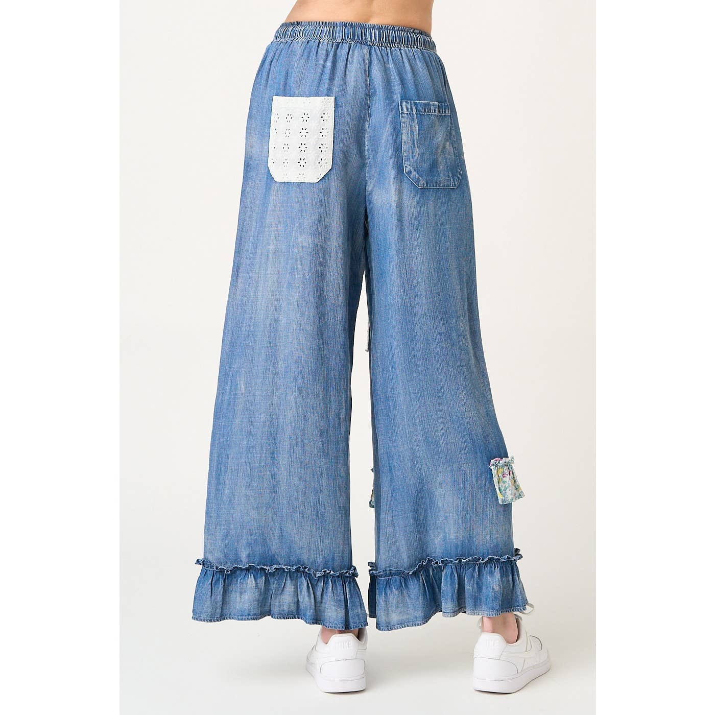 WASHED CHAMBRAY PATCHWORK WIDE LEG PANTS