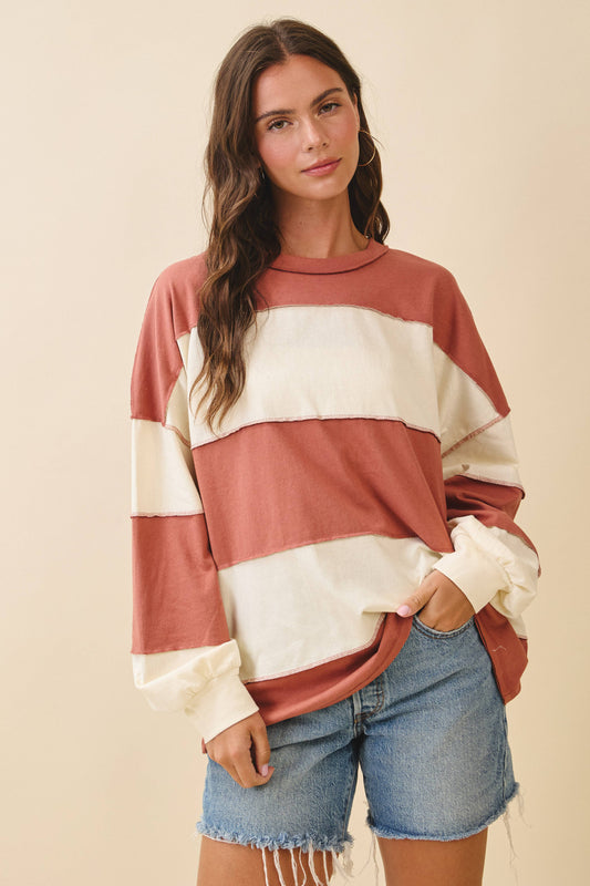 8551GN Contrast Panel Long Sleeve Slouchy Top
