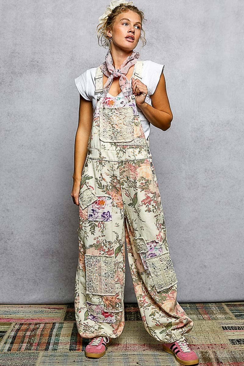 Printed Lace Patch Trim Strap Relaxed Fit Jogger Overall