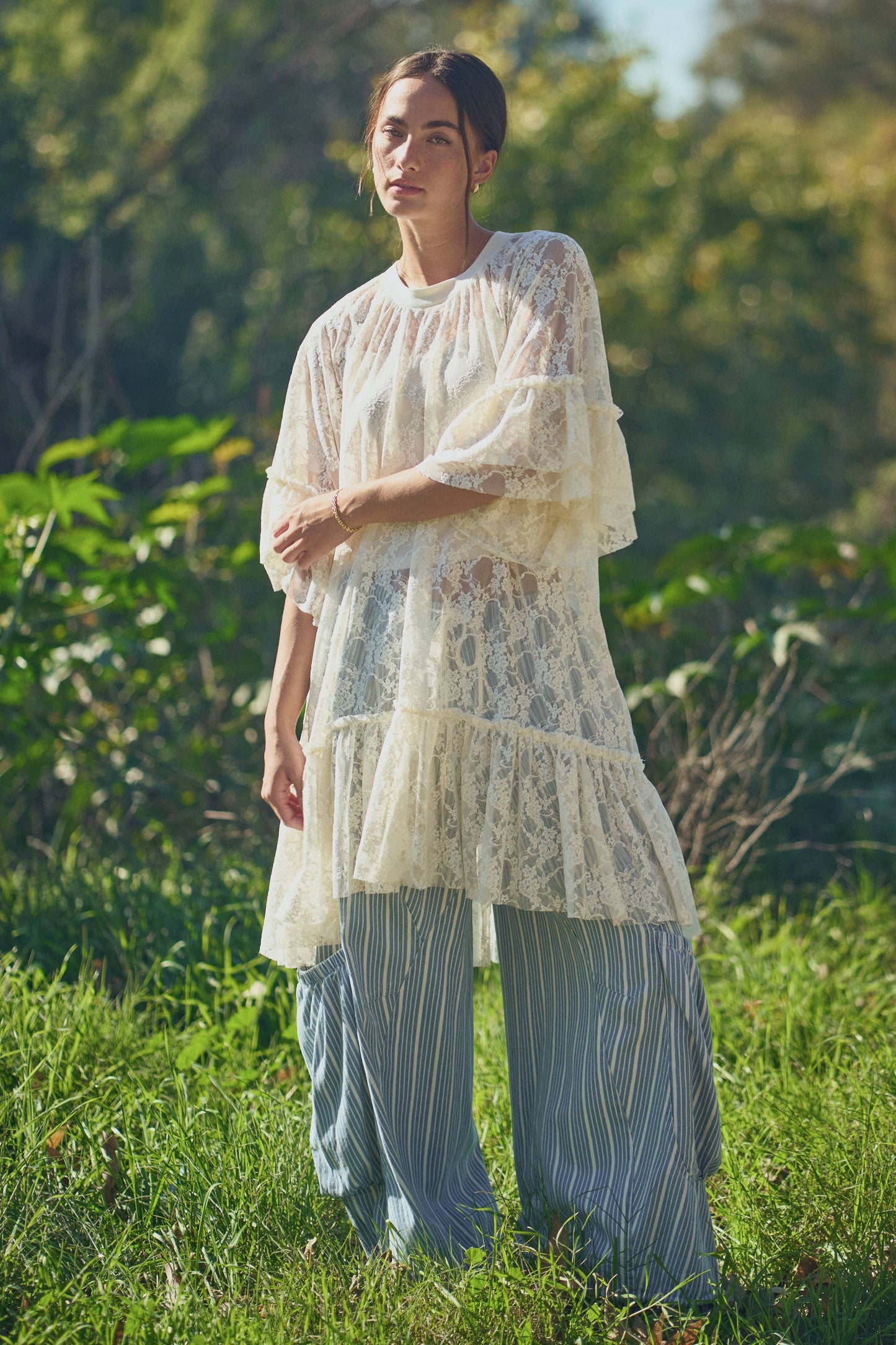 SHEERED LACE TIERED SLEEVE FLOWY TUNIC TOP