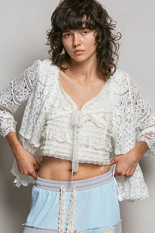 V-neck Short Sleeve Crochet Floral Lace Cardigan