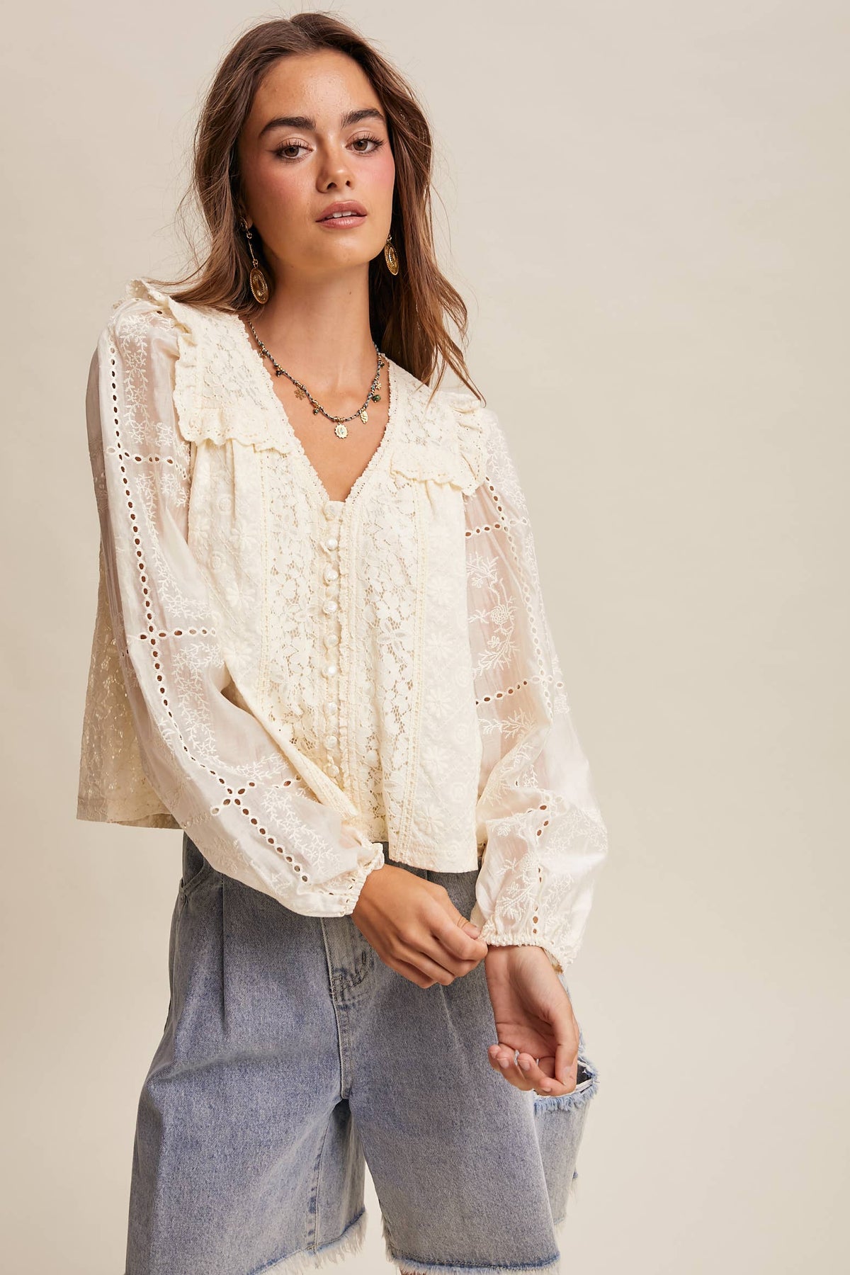Delicate Embroidered Lace Blouse LT1389