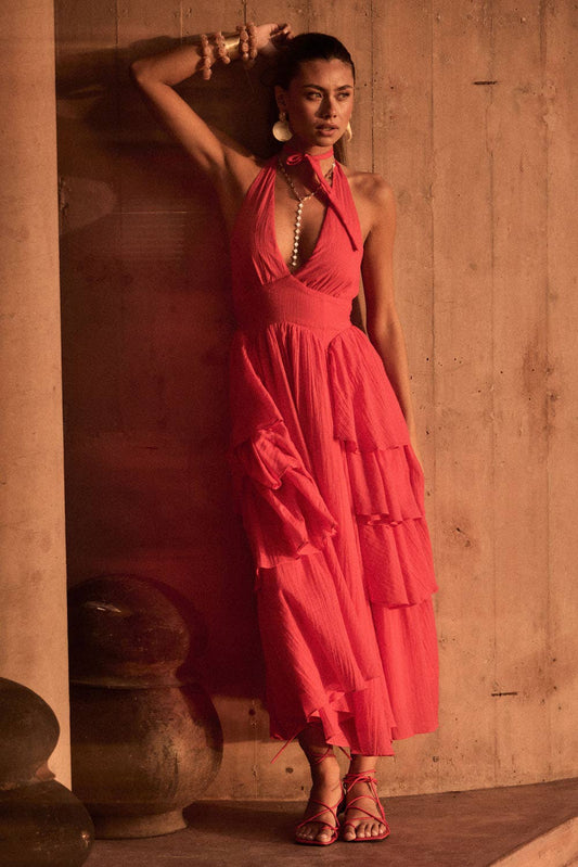 Solid Woven Tiered Ruffle Open-Back Halter Maxi Dress