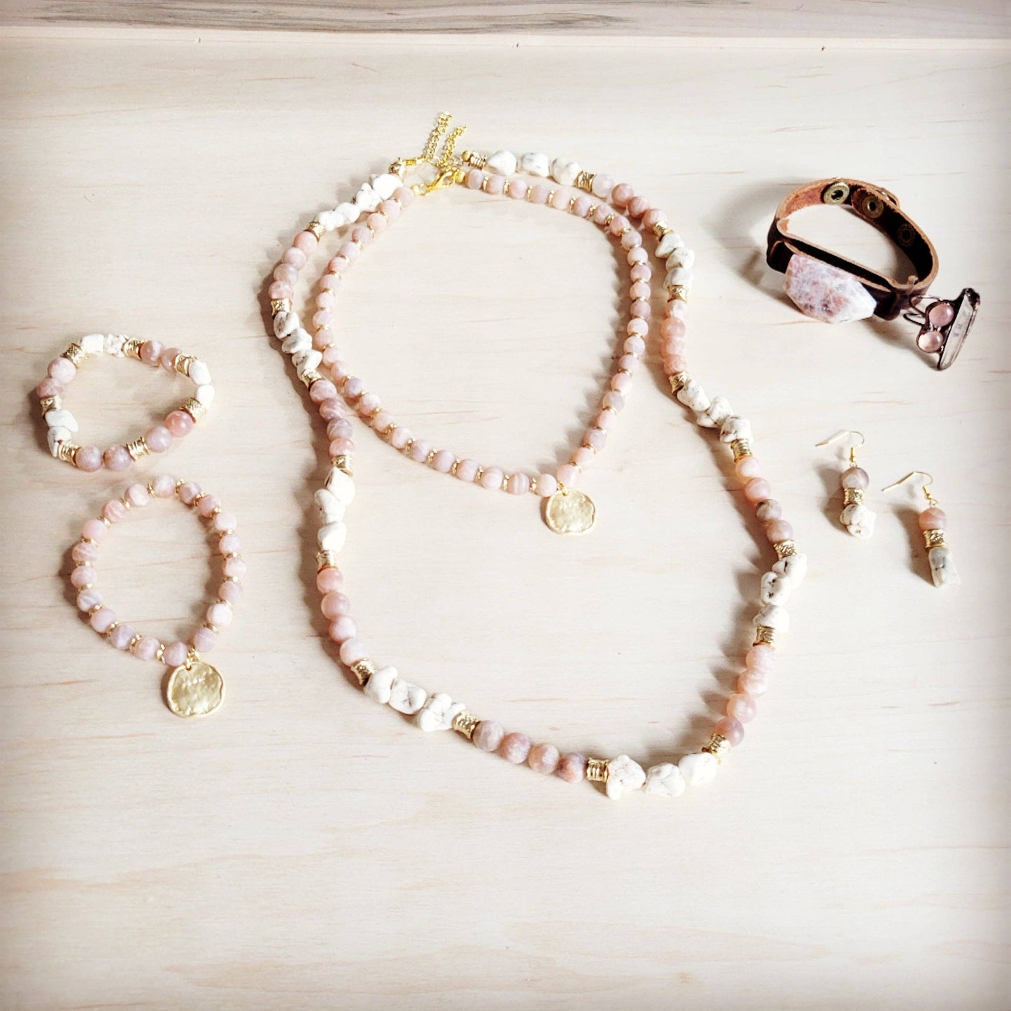 Frosted Sunstone & White Turquoise Long Layering Necklace 262o