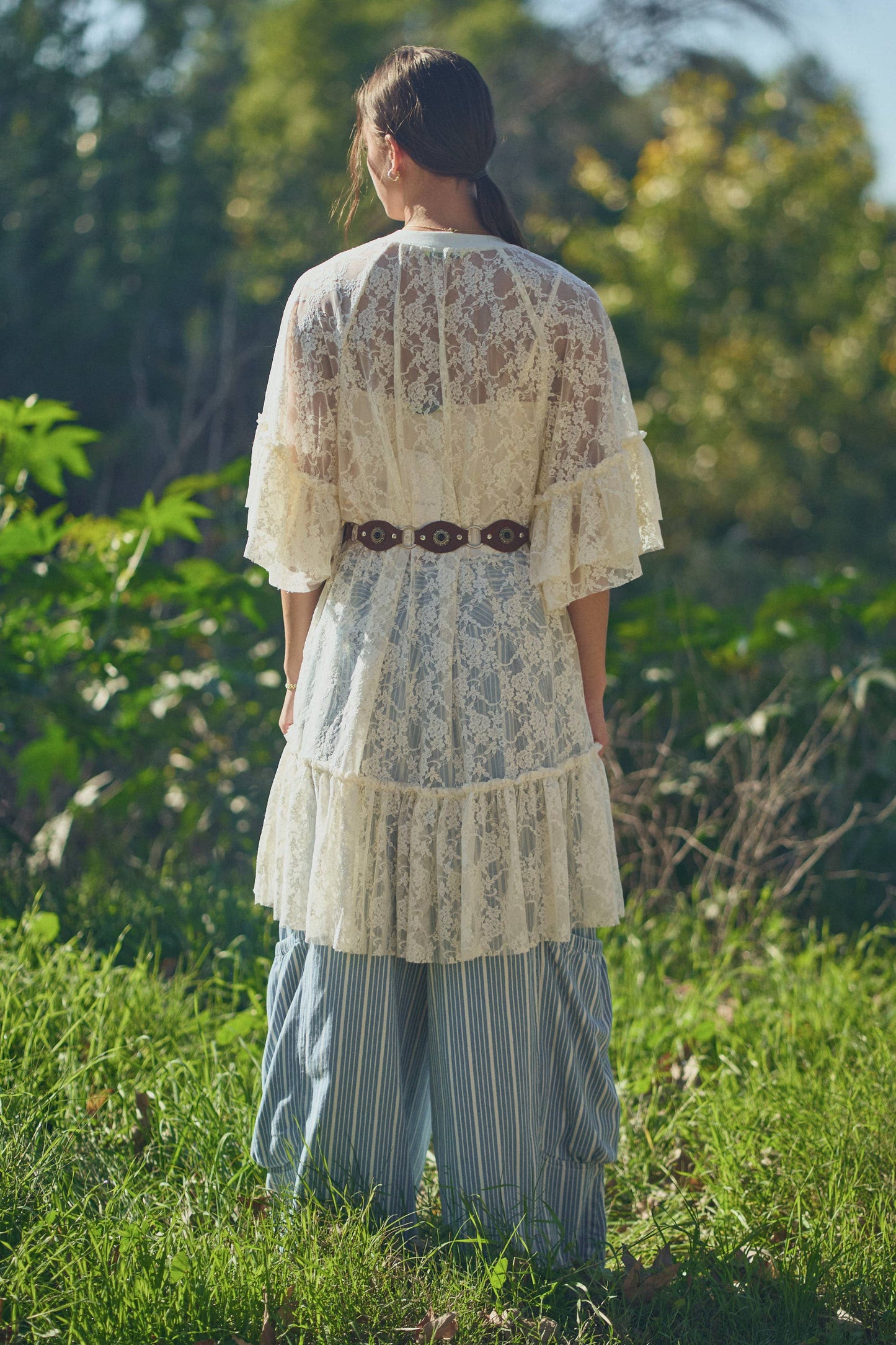 SHEERED LACE TIERED SLEEVE FLOWY TUNIC TOP