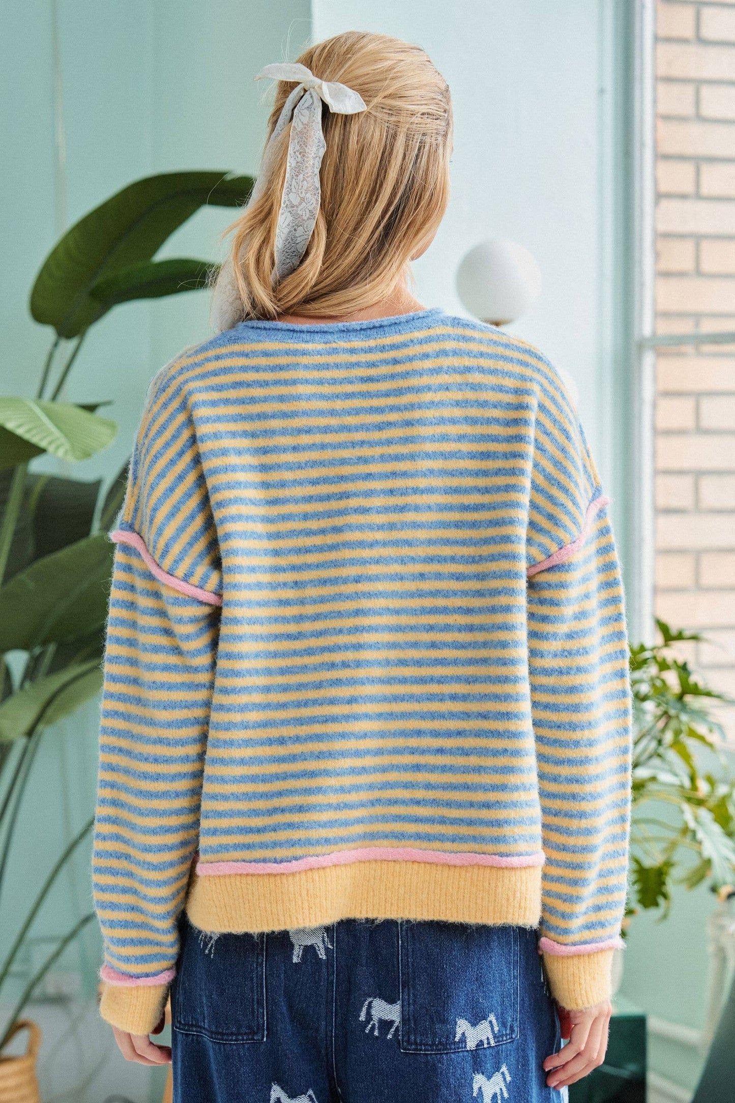CONTRAST TRIM STRIPED SWEATER