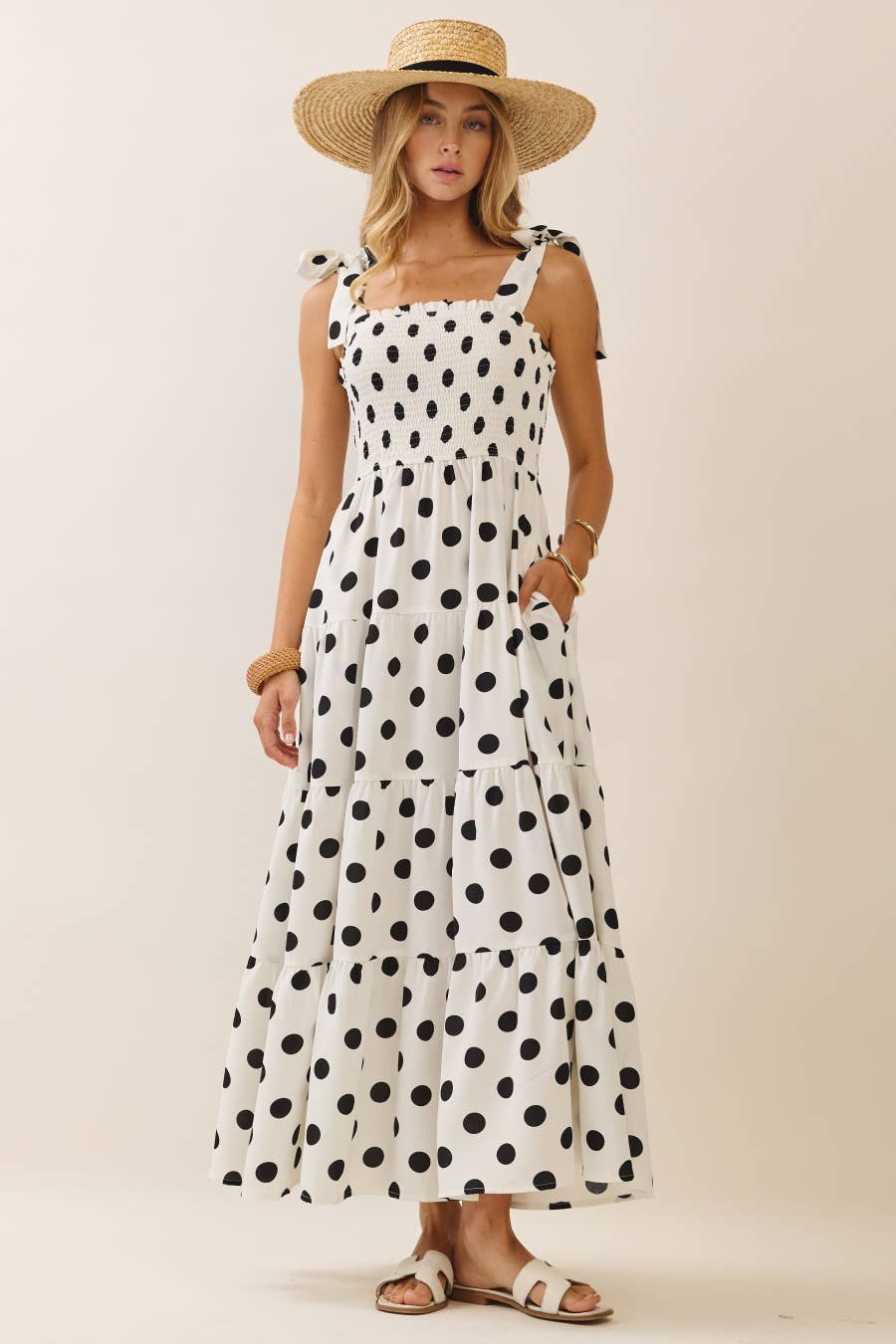 Polka Dot Sleeveless Tired Midi Dress With Smocked Top