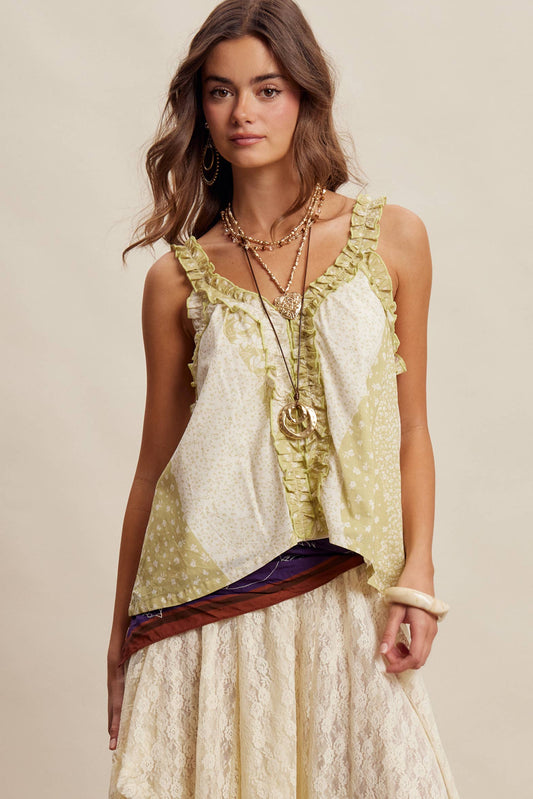 Ruffle Trim Patchwork Tank Top LT1466