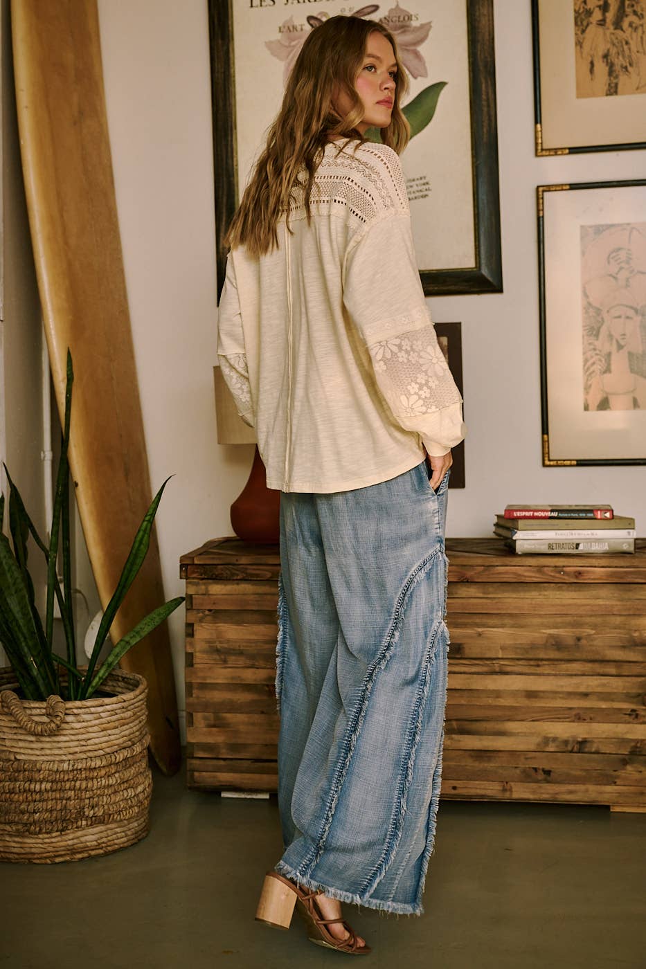 WASHED CHAMBRAY SMOCKED FRINGE WIDE LEG PANTS