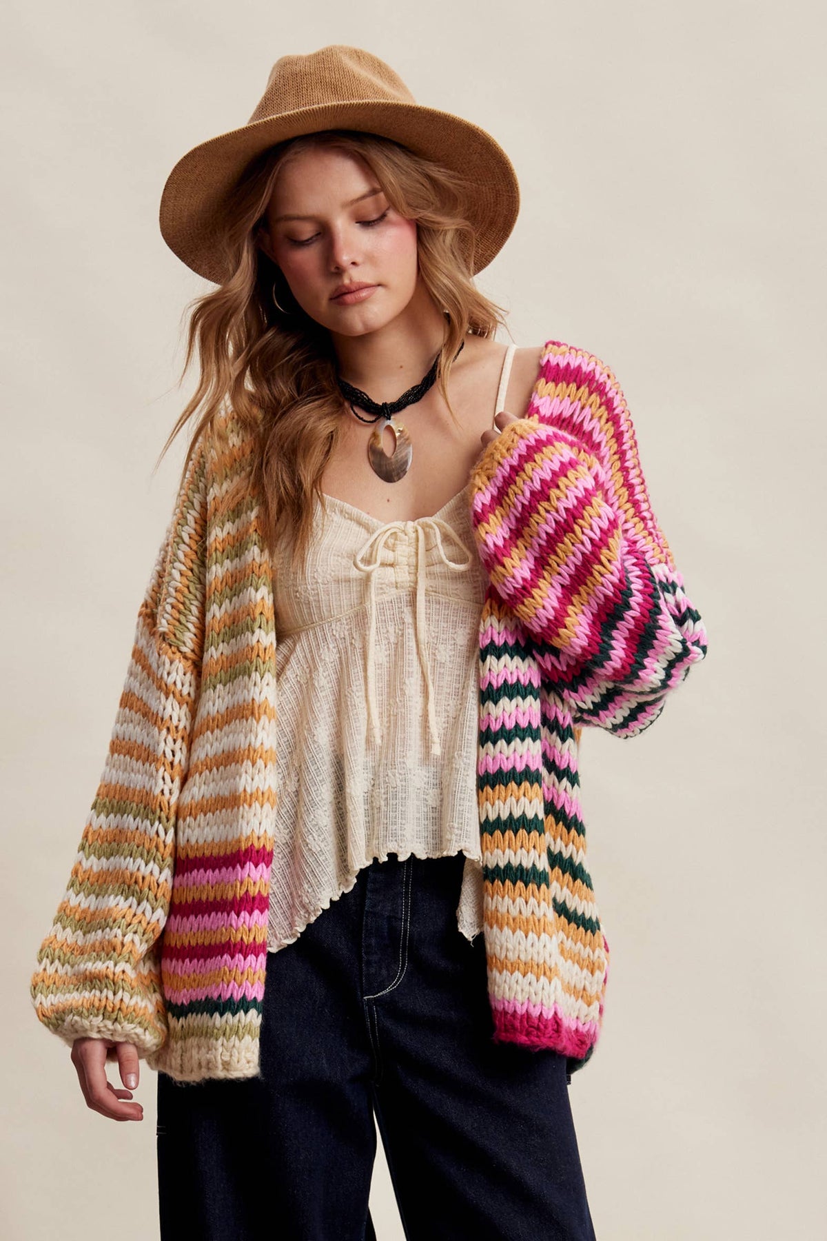 Chunky Multi Stripe Knit Cardigan LSW0731
