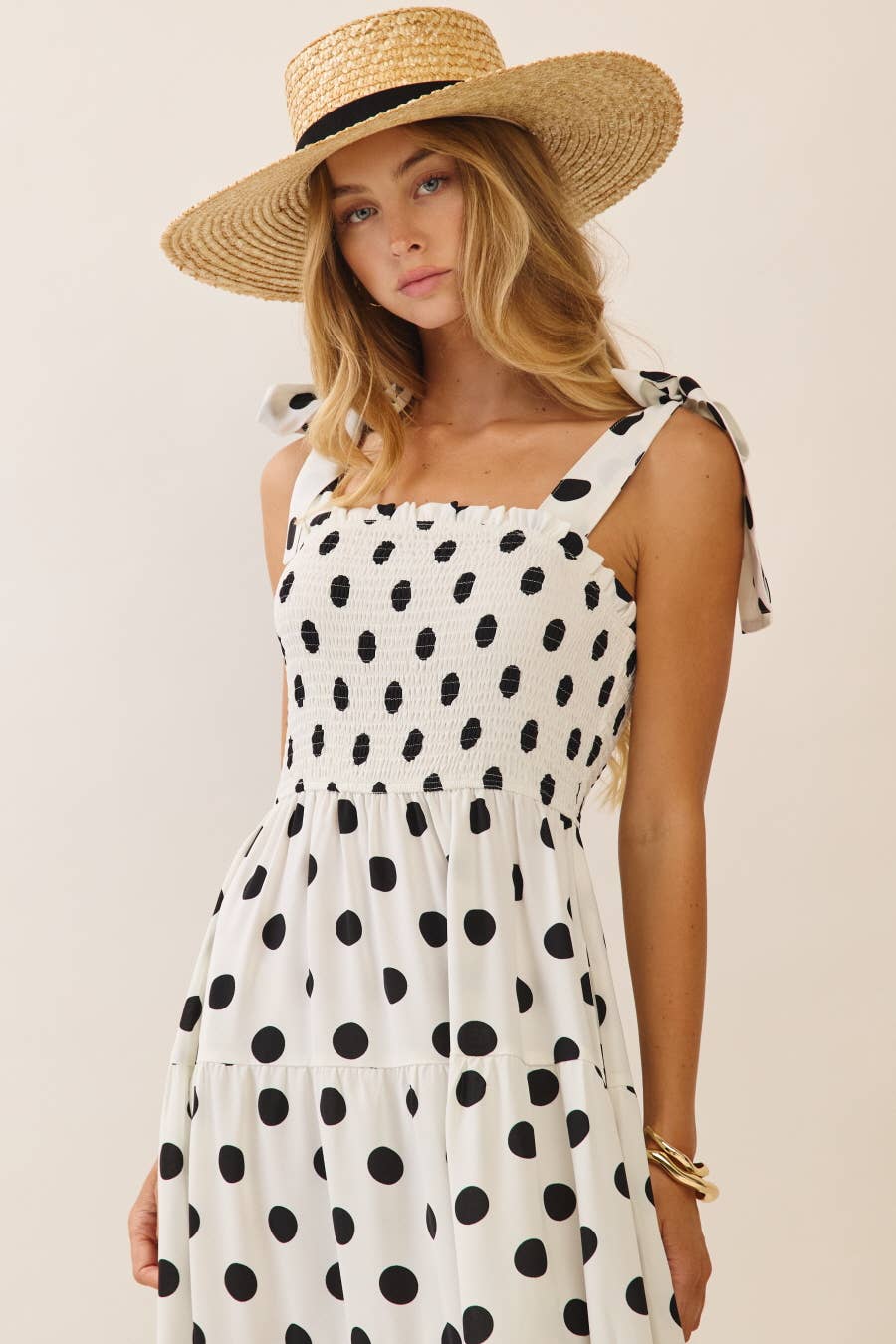 Polka Dot Sleeveless Tired Midi Dress With Smocked Top