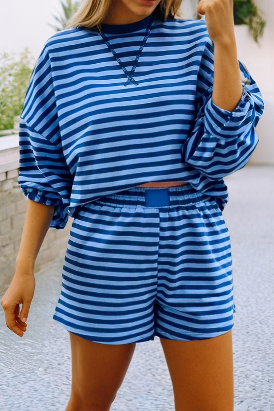LDC Drop Shoulder Pullover Elastic Waist Striped Short Set